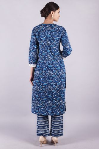 Blue Printed Kurta Set with Palazzo and Dupatta