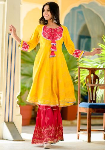 Premium Rayon Yellow & Red Printed Flared Kurta with Printed Sharara and Dupatta