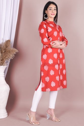 Red Leaf Print Straight Rayon Kurta