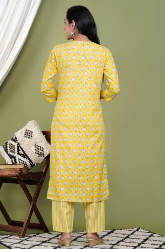 Yellow Floral Printed Kurta With Striped Palazzo & Dupatta