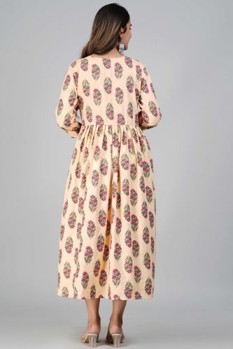 Beige Floral Printed Flared A-Line Rayon Kurta