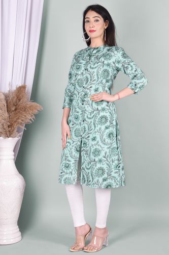 Green Jaipuri Print Straight Cotton Kurta