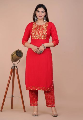 Ethnic Red Heavy Embroidered Kurta With Palazzo & Dupatta