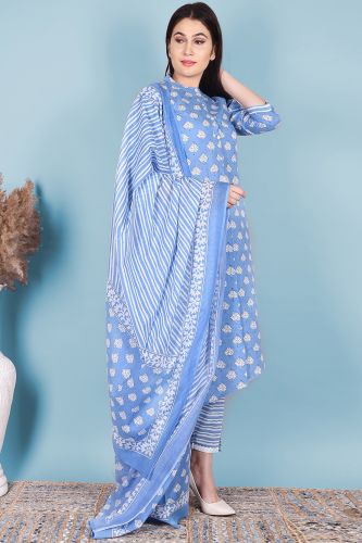 Blue & White Printed High-Low Cotton Kurta with Striped Printed Palazzo Pants and a Dupatta