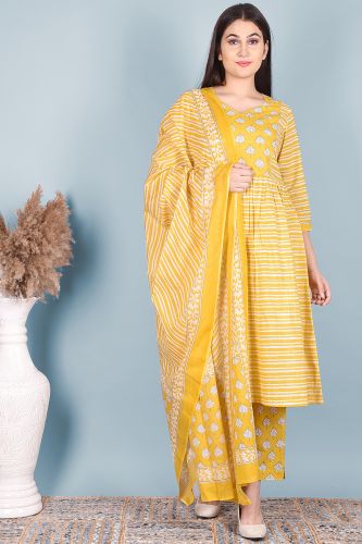 Cotton A-Line Yellow Kurta Eith Striped Palazzo