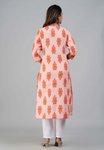 Pink Floral Printed Straight Cotton Kurta