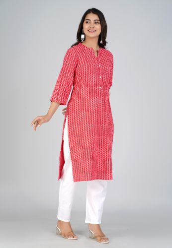 Red Striped Printed Straight Cotton Kurta