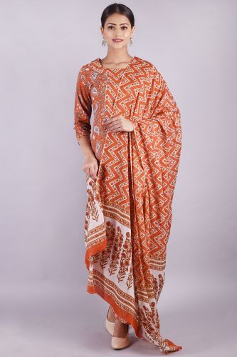 Orange Printed Cotton Kurta With Palazzo & Dupatta