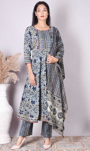 Blue Printed Anarkali Cotton Kurta with Printed Palazzo and Dupatta Set