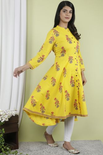 Yellow Floral Printed A-Line Flared Cotton Kurta