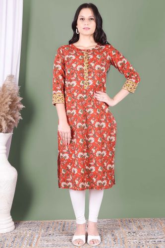 Orange Floral Printed Straight Cotton Kurta