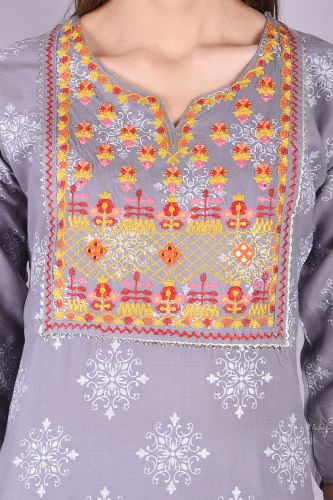Embroidered Ash Printed Kurta Palazzo Set
