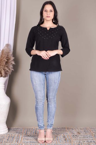 Solid Black Cotton Top with Handwork