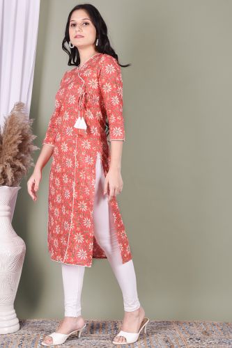 Peach Floral Printed Cotton Angrakha Kurta