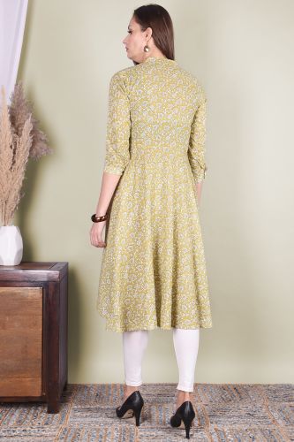 Green Leaf Printed Flared A-Line Cotton Kurta