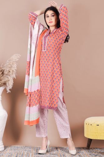 Peach and White Cotton Printed Straight-Fit Kurta Palazzo with Dupatta