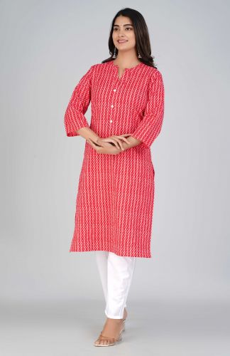 Red Striped Printed Straight Cotton Kurta