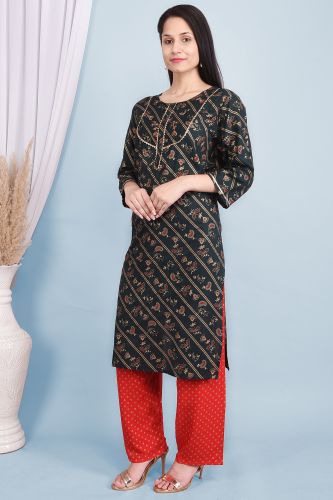 Green Rayon Gota Patti & Ethnic Printed Kurta With Palazzo