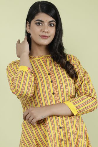 Yellow Stripes Printed A-Line Flared Cotton Kurta