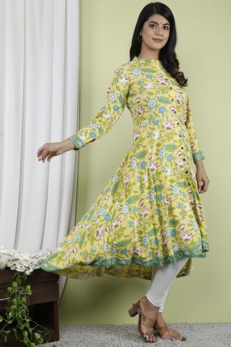 Mustard floral Printed A-Line Flared Cotton Kurta