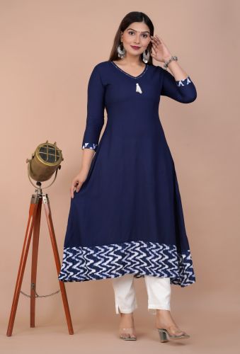 Blue Solid Flared A-Line Rayon Kurta