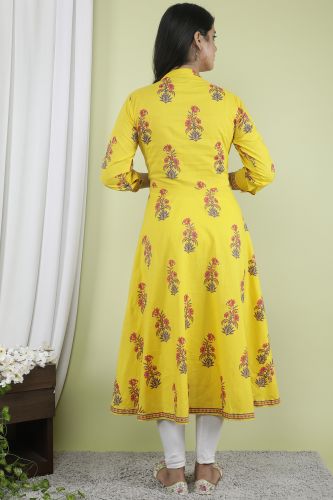 Yellow Floral Printed A-Line Flared Cotton Kurta