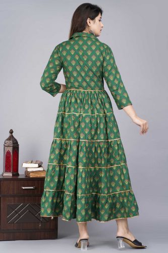 Green & Gold Printed Cotton Anarkali Kurta