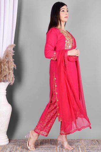 Ethnic Bright Pink Embroidered Kurta with Palazzo and Dupatta Set