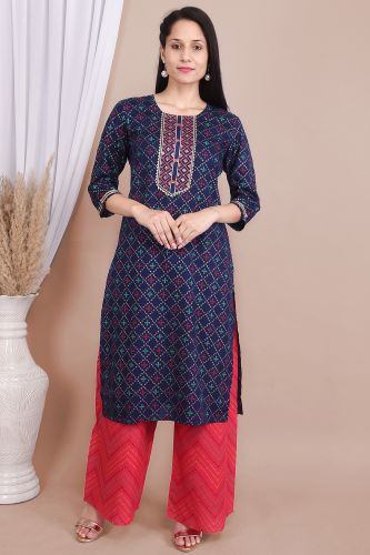 Blue Rayon Ethnic Printed Kurta With Palazzo