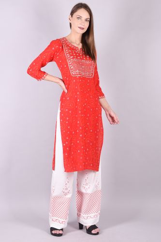 Embroidered Red and White Bandhani Kurta Palazzo Set