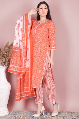 Orange & White Straight Fit Printed Cotton Kurta with Palazzo & Dupatta