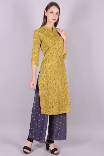 Mehndi Color Printed Handwork Kurta With Palazzo