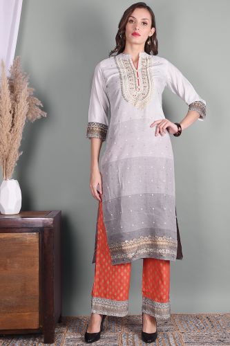 Grey Printed Straight Fit Rayon Kurta With Printed palazzo