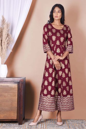 Maroon and Golden Printed Long Rayon Kurta