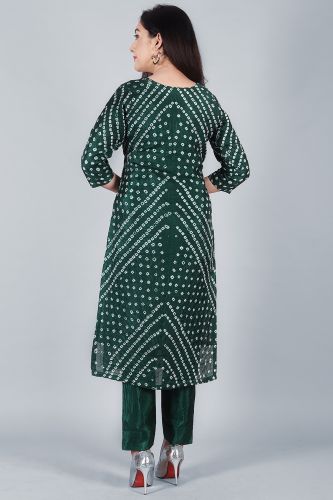 Cotton Silk Bottle Green Bandhej Heavy Embroidery Kurta with Trouser and Dupatta