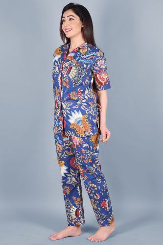 Royal Blue Printed Cotton Night Suit