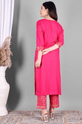 Ethnic Bright Pink Embroidered Kurta with Palazzo and Dupatta Set