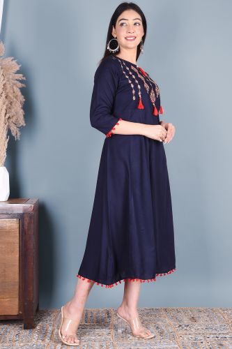 Solid Blue Embroidered Rayon A-Line Kurta