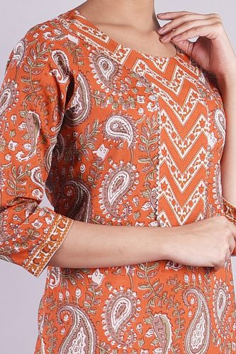 Orange Printed Kurta Palazzo and Dupatta Set