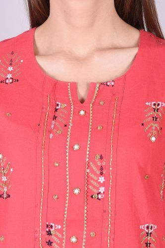Gold Printed Pink Rayon Kurta with Handwork & Gold Printed Palazzo