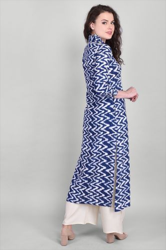 Shirt Style Women's Rayon Indigo Blue Printed Straight Kurta