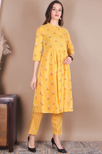 Yellow Printed Flared Cotton Kurta with Printed Palazzo