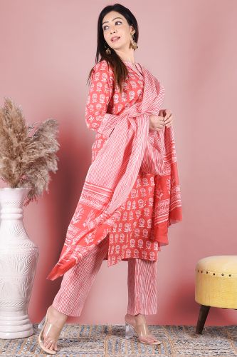 Red and White Printed Cotton Kurta with Striped Printed Palazzo Pants and a Dupatta