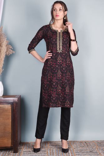 Pink & Black Printed Rayon Kurta With Solid Pant 