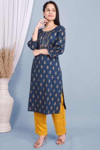 Blue Rayon Gota Patti & Ethnic Printed Kurta With Palazzo