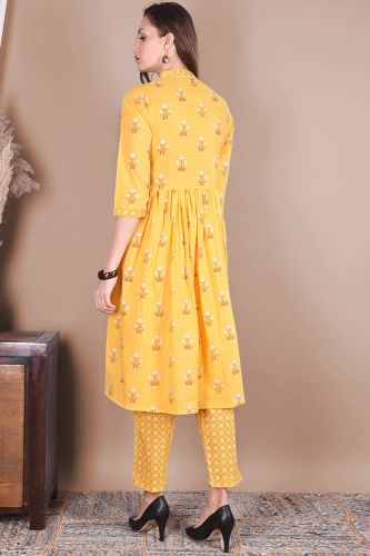 Yellow Printed Flared Cotton Kurta with Printed Palazzo