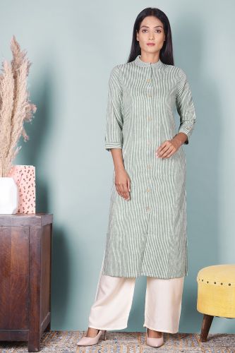 Green and White Striped A-Line Kurta