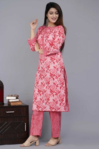 Peach Printed Pintuck Style Cotton Kurta with Pants