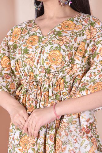 Green and Off-White Floral Printed Kaftan Cotton Top