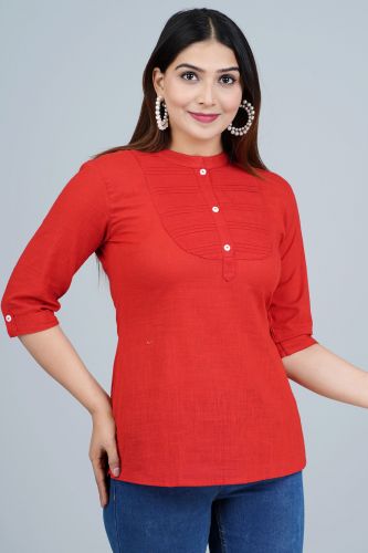 Red Solid Pleated Cotton Top